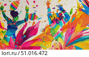 Experience a dynamic display of cultural celebration with vibrant colors and happy dancers showcasing creativity and energy in a lively environment. Стоковое AI-видео, аниматор Данила Большаков / Фотобанк Лори