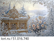 This exquisite digital illustration in Russian fairy tale style depicts a richly carved tower covered in snow against a magical winter landscape. The architecture is decorated with delicate ornaments in golden and red tones, and the foreground is framed by flowering winter branches and decorative curls. The work is done in the spirit of Palekh or Khokhloma painting, combining the natural beauty of winter with folk decorativeness. Suitable for themes about Russian culture, fairy tales, architecture and winter aesthetics. Стоковое AI-изображение, AI-художник Анна Кривицкая / Фотобанк Лори
