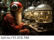 A fantastic character with a long gray beard and a red suit reminiscent of a space or engineering uniform works in a mysterious laboratory. He wears a red helmet with round headphones, creating an image of retrofuturism. In front of him are strange glass domes with mechanical creatures or devices inside, connected to cables and lamps. The atmosphere is a mixture of steampunk, retrofuturism and science fiction. Ideal for sci-fi themes, invention, retrofuturistic worlds and art concepts. Стоковое AI-изображение, AI-художник Анна Кривицкая / Фотобанк Лори