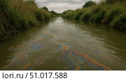 Polluted Waterway: Stagnant River Marred by Colorful Oil Sheen Amidst Lush Green Banks and Overcast Sky. Стоковое фото, фотограф Владимир Федоров / Фотобанк Лори