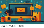 Discover how to design eye-catching digital content using vibrant graphics and essential equipment in a creative workspace. Стоковое AI-видео, аниматор Данила Большаков / Фотобанк Лори