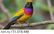A colorful bird perches on a branch in a dense forest, showcasing its bright plumage and unique markings under the warm sunlight. Стоковое AI-видео, аниматор Данила Большаков / Фотобанк Лори