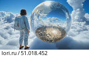 A traveler observes a stunning view of a futuristic city encapsulated in a large reflective sphere in the clouds above a bright sky. Стоковое AI-видео, аниматор Данила Большаков / Фотобанк Лори