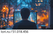 A person sits at a desk in a cozy apartment, working late into the night while enjoying a vibrant city view through the window. Стоковое AI-видео, аниматор Данила Большаков / Фотобанк Лори