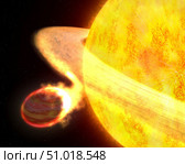 The hottest known planet in the Milky Way, called WASP-12b, is so close to its sunlike star that it is superheated to nearly 2,800 degrees Fahrenheit. Стоковое фото, фотограф Stocktrek Images, Inc. / ТАСС / Фотобанк Лори