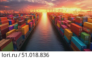 Vibrant shipping containers line the port as sunset casts a warm glow, highlighting the busy harbor at dusk with cranes in the background. Стоковое AI-видео, аниматор Данила Большаков / Фотобанк Лори