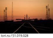 The Soyuz launch pad at the Baikonur Cosmodrome in Kazakhstan. Стоковое фото, фотограф Stocktrek Images, Inc. / ТАСС / Фотобанк Лори