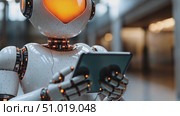 A humanoid robot with an illuminated heart displays its capabilities while using a tablet in a sleek, contemporary environment. Стоковое AI-видео, аниматор Данила Большаков / Фотобанк Лори