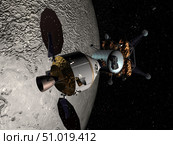 Concept of the Orion crew exploration vehicle docked to a lunar lander in lunar orbit. Стоковое фото, фотограф Stocktrek Images, Inc. / ТАСС / Фотобанк Лори