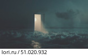 Mysterious glowing door appears on beach as waves crash in the night sky. Стоковое AI-видео, аниматор Сергей Толмачёв / Фотобанк Лори