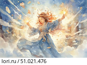 A magical watercolor illustration of a girl in a blue robe, illuminated by the light of two sparkling lights in her hands. Her face is calm and focused, her hair flutters, creating a sense of flight and magic. Clouds and streams of light swirl around her, as if she controls the elements or summons a miracle. The picture is filled with energy, freedom and a sense of inner strength. Perfect for inspiration, magic, fantasy, fortitude and celebration themes. Стоковое AI-изображение, AI-художник Анна Кривицкая / Фотобанк Лори
