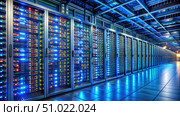 Interior View of a Large-Scale Supercomputer Data Center. Generative AI. Стоковое AI-изображение, AI-художник Roman Zavorotny / Фотобанк Лори