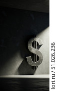 Large gray dollar sign on dark concrete wall. Financial crisis and economic decline concept. Money depreciation and currency weakness. Стоковое AI-изображение, AI-художник Анжелика Самсонова / Фотобанк Лори