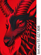 Majestic ibex emerging from red and black abstract design. Стоковое AI-изображение, AI-художник Юрий Поздников / Фотобанк Лори