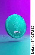 Ethereum coin rotating on gradient background, cryptocurrency investment concept. Стоковое AI-изображение, AI-художник Юрий Поздников / Фотобанк Лори