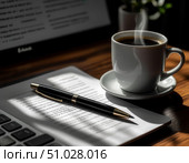 Бизнес натюрморт с документами,ручкой и чашкой с кофе на деревянном столе. Стоковое AI-изображение, AI-художник Наталья Чернова / Фотобанк Лори