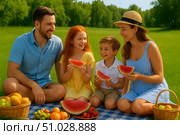 Семейный отдых на природе летом. Стоковое AI-изображение, AI-художник Анатолий Скачков / Фотобанк Лори