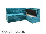 Turquoise unfolded sofa made of velor fabric isolated on a white background. Cushioned furniture. Стоковое фото, фотограф Лазаренко Светлана / Фотобанк Лори