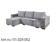 Gray corner sofa with velor fabric pillows isolated on a white background. Cushioned furniture. Стоковое фото, фотограф Лазаренко Светлана / Фотобанк Лори