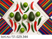 Top view of avocados, limes, and red and green chili peppers arranged with colorful Mexican woven textiles on white background. Стоковое AI-изображение, AI-художник Башкирова Анна / Фотобанк Лори