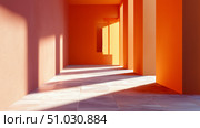 Vibrant corridor with orange walls and natural light in an architectural space. Стоковое AI-изображение, AI-художник Сергей Толмачёв / Фотобанк Лори