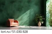Cozy living space with a green feature wall and plush furniture in a well-lit interior. Стоковое AI-изображение, AI-художник Сергей Толмачёв / Фотобанк Лори