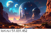 A fantastical alien landscape with massive futuristic domes and multiple moons evokes interstellar travel and space colonization. Стоковое AI-изображение, AI-художник Igor Tichonow / Фотобанк Лори