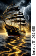 A black and gold shining ship sails through stormy seas, struck by lightning. Стоковое AI-изображение, AI-художник Анастасия Пальчикова / Фотобанк Лори