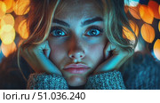 A woman reflects on her thoughts with a wistful look, surrounded by vibrant hazy lights in a warm atmosphere during the nighttime. Стоковое AI-видео, аниматор Данила Большаков / Фотобанк Лори