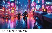 Armed figures pursue a target through vibrant, neon-lit streets, capturing the intensity of a high-stakes chase in a busy nighttime city. Стоковое AI-видео, аниматор Данила Большаков / Фотобанк Лори