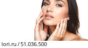 Young woman with radiant skin posing, fresh and healthy appearance, soft lips, smooth complexion, wellness lifestyle, modern beauty photography. Стоковое AI-изображение, AI-художник Павел Муравьев / Фотобанк Лори