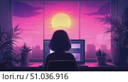 A peaceful evening unfolds as a person sits at a desk, illuminated by a vibrant sunset through the window, engaging in focused work. Стоковое AI-видео, аниматор Данила Большаков / Фотобанк Лори