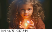 Young girl gently holds a glowing ball in her hands, showcasing wonder and curiosity in this simple yet mesmerizing moment. Стоковое AI-видео, аниматор Данила Большаков / Фотобанк Лори
