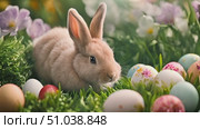 Rabbit is sitting in grass surrounded by eggs. Scene captures the rabbits presence among the eggs in a natural setting. Стоковое AI-видео, аниматор Данила Большаков / Фотобанк Лори
