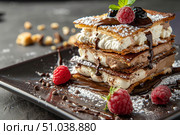 Delicious mille feuille pastry decorated with chocolate and fresh raspberries. Стоковое AI-изображение, AI-художник Иван Рябоконь / Фотобанк Лори