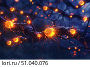 Glowing synapses transmitting signals in neural network of brain. Стоковое AI-изображение, AI-художник Иван Рябоконь / Фотобанк Лори