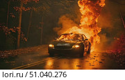 Car on a road emitting a significant amount of fire, creating a dangerous situation on the roadway. Стоковое AI-видео, аниматор Данила Большаков / Фотобанк Лори