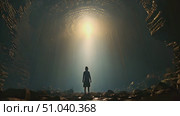 Person stands motionless in center of dark and narrow tunnel, surrounded by concrete walls and dim lighting. Стоковое AI-видео, аниматор Данила Большаков / Фотобанк Лори