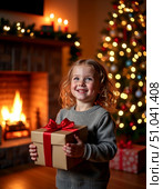 Joyful child holding gift box in front of christmas tree and cozy fireplace. Стоковое AI-изображение, AI-художник Сергей Бирюков / Фотобанк Лори
