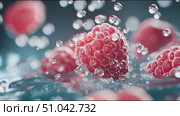 Fresh raspberries splashing in water create a vibrant and refreshing moment. Стоковое AI-видео, аниматор Сергей Толмачёв / Фотобанк Лори
