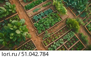 Diverse vegetable garden from above, showcasing rows of crops, greenhouses, and irrigation systems in operation. Стоковое AI-видео, аниматор Данила Большаков / Фотобанк Лори