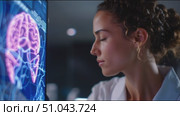 Exploring brain technology in a high-tech lab with a dedicated researcher examining neural pathways. Стоковое AI-видео, аниматор Сергей Толмачёв / Фотобанк Лори