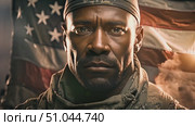 African american man in a military uniform is standing proudly in front of an American flag. He embodies strength and patriotism, representing dedication to his country. Стоковое AI-видео, аниматор Данила Большаков / Фотобанк Лори