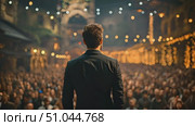 Lone man stands before a large crowd of people, engaging in a public speaking or presenting situation. Стоковое AI-видео, аниматор Данила Большаков / Фотобанк Лори