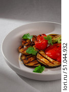 A mix of grilled vegetables including eggplant, zucchini and red bell pepper, garnished with fresh cilantro and served on a clean white ceramic plate. Стоковое фото, фотограф Aleksandr Gavrilychev / Фотобанк Лори