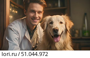 A man and his dog strike a pose for a photo in this video. The man smiles while the dog sits obediently, creating a heartwarming moment. Стоковое AI-видео, аниматор Данила Большаков / Фотобанк Лори