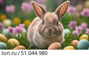 A rabbit is sitting in the grass, surrounded by eggs. The scene captures the rabbit in its natural habitat, resting among the eggs. Стоковое AI-видео, аниматор Данила Большаков / Фотобанк Лори