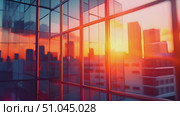 City skyline from a window as the sun sets, casting a warm glow over the buildings and streets below. Стоковое AI-видео, аниматор Данила Большаков / Фотобанк Лори