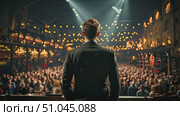 Confident man stands in front of a large crowd, delivering a speech or presentation while the audience listens attentively. Стоковое AI-видео, аниматор Данила Большаков / Фотобанк Лори