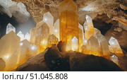 Witness breathtaking crystal formations glowing in a hidden cave, illuminated by natural light during the early morning hours. Стоковое AI-видео, аниматор Данила Большаков / Фотобанк Лори